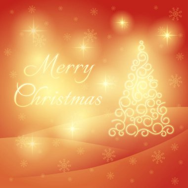 Klasik Noel ağacı. Monogram. Noel kartı. Kırmızı arka planda Altın Noel ağacı