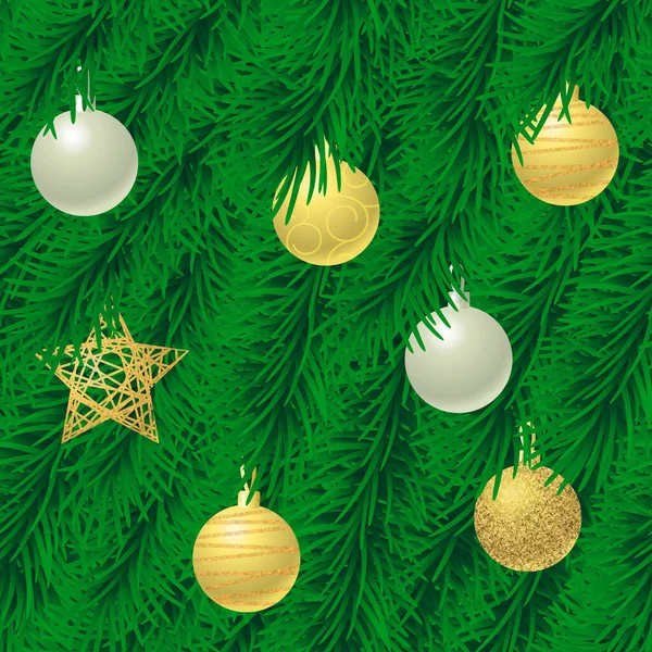 Noel kartı. Noel süslemeleri olan yeşil köknar dalı. Kusursuz desen