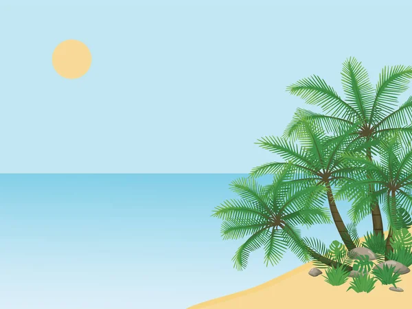 Остров Море Пальмами Тропическими Растениями Пляж Пальмами Монстром Джунглями Векторная — стоковый вектор