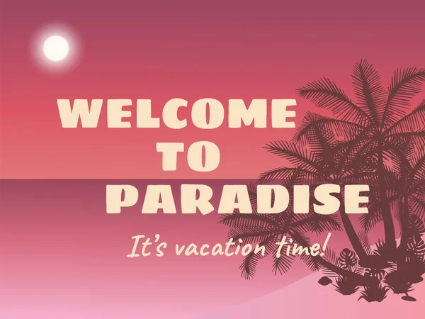 Paisaje tropical con mar, luna, playa, palmeras y plantas tropicales. — Vector de stock