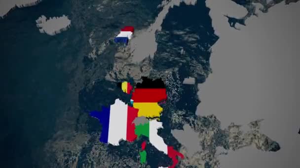 Χάρτης της Ευρώπης, μέλος χώρες πέσει στη θέση του κατά την ημερομηνία του συνδέσμου, σημαίες, 3d — Αρχείο Βίντεο