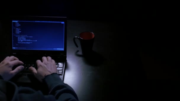 Overhead shot of hacker at his desk, typing — Stock Video