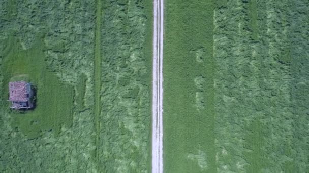 Aerial toppen sköt stiger ovanför landsväg, fält och övergivna hus — Stockvideo