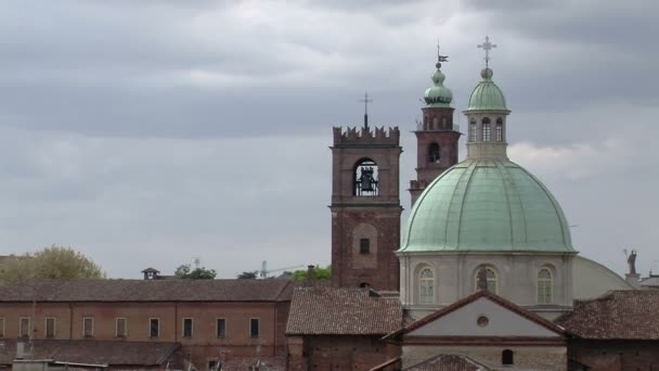 Sun on Cathedral and Bramante tower from rooftops, Vigevano, PV, Italy — Stock Video