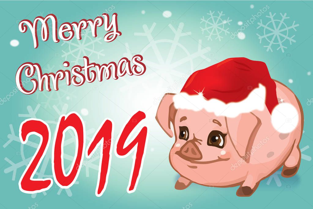 Christmas and Happy New year card with small cartoon little pig stock illustration