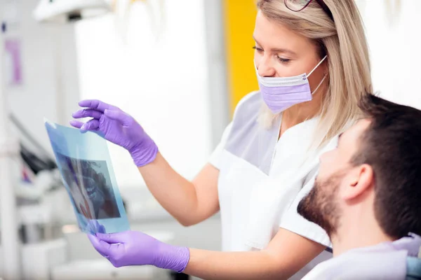 Odontóloga joven que muestra una imagen de rayos X a un paciente masculino después de una intervención exitosa —  Fotos de Stock