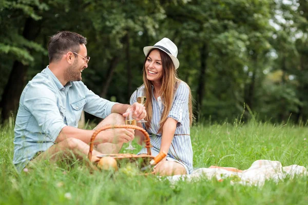Sonriendo feliz joven pareja disfrutando de sí mismos en un picnic — Foto de Stock