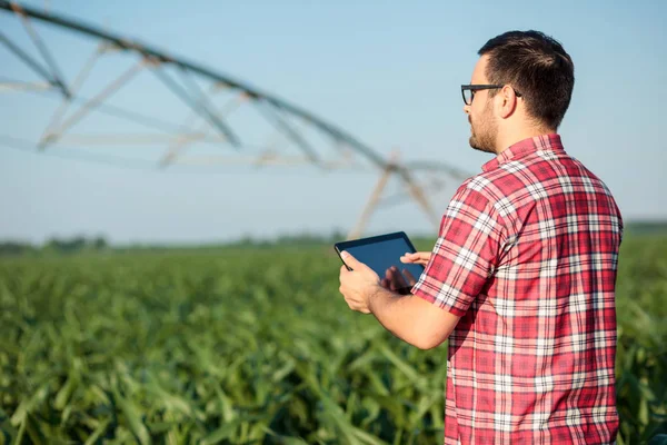 Mutlu genç çiftçi veya agronomist bir tablet ile büyük sulama sistemi kontrol