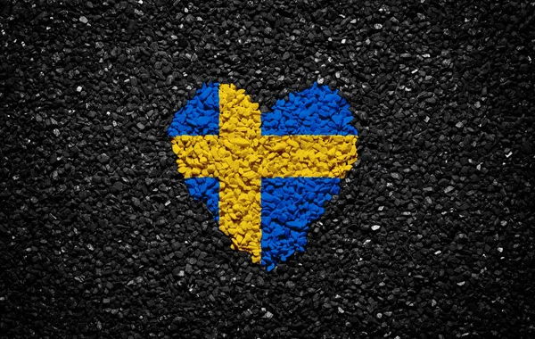 Flag of Sweden, swedish flag, heart on the black background, stones, gravel and shingle, textured wallpaper, valentine\'s day