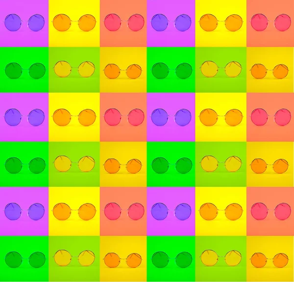 Фотография различных ярких круглых модных очков в зеленых, желтых, фиолетовых квадратных рамах . — стоковое фото