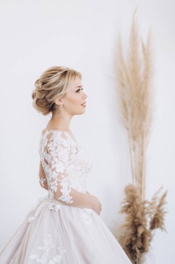 Profesyonel düğün makyajı ile gelinin genç bir kız stüdyo portresi.