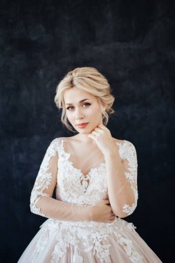 Profesyonel düğün makyajı ile gelinin genç bir kız stüdyo portresi.