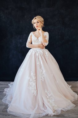 Profesyonel düğün makyajı ve saç modeli ile gelinin genç bir kız stüdyo portresi.