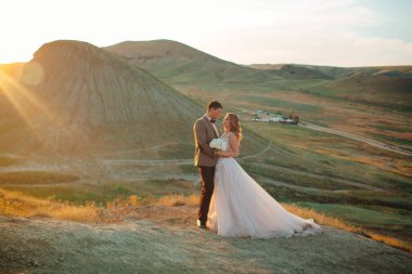 Mutlu yeni evli çift. Takım elbiseli güzel gelin ve damat.