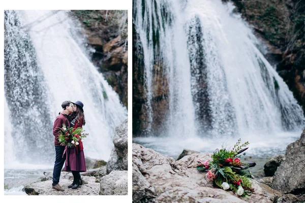 Una pareja amorosa, elegante y joven enamorada en el fondo de una cascada . —  Fotos de Stock