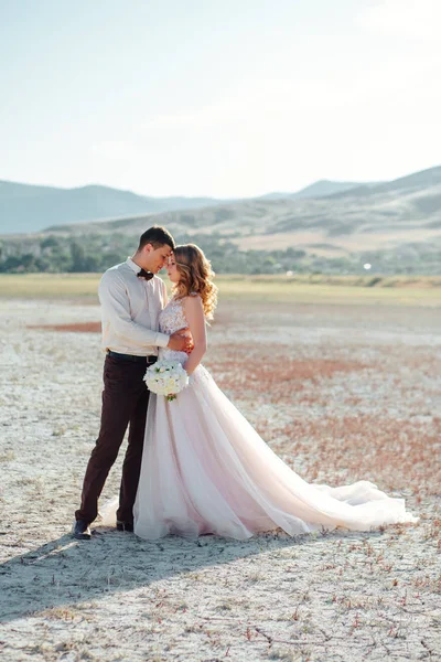 Feliz casal recém-casado. Bela noiva e noivo em um terno . — Fotografia de Stock