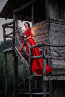 Prenses Gelin, gölün kıyısındaki eski ahşap gölün kenarında. Peri masalı.