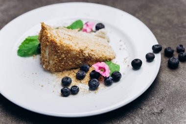 Gri bir arka plan üzerinde çilek ile süslenmiş tabakta bal kek Dilim.