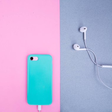 Pembe arka planda nane kılıfı içinde akıllı telefon.