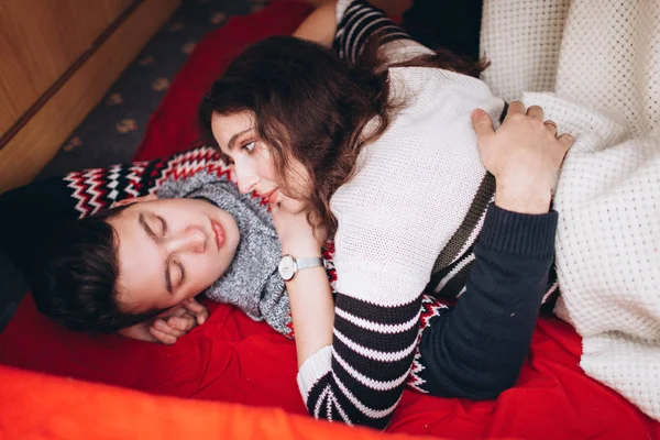 Loving couple alone in a trailer on a trip. Romance for lovers. — Stock Photo, Image