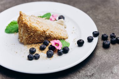 Gri bir arka plan üzerinde çilek ile süslenmiş tabakta bal kek Dilim.