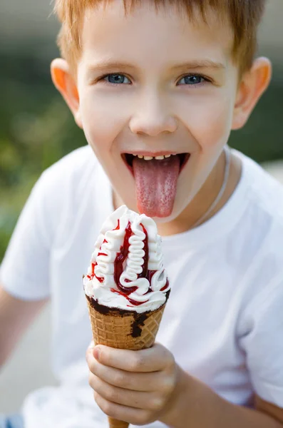 Children eat ice cream in the park. — Stock Photo, Image