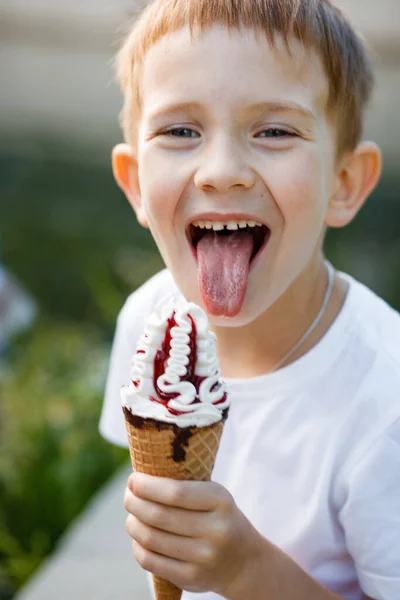 Children eat ice cream in the park. — Stock Photo, Image