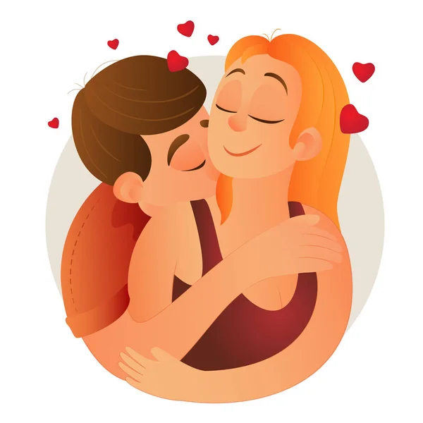 Happy young lovers couple hugging. Boyfriend hugs his girlfriend from behind and kisses her on the neck. Man and woman first time love and sex. Vector cartoon flat illustration for Valentine's Day