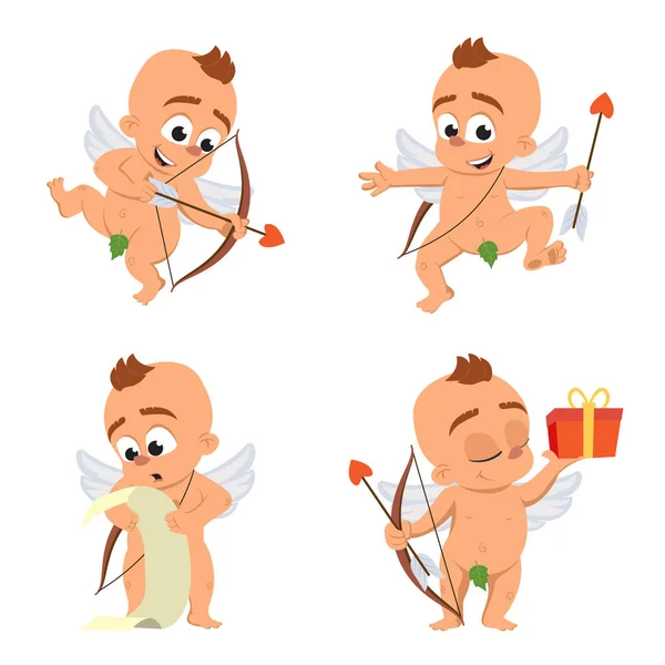 Cupid angel love character vector set for Valentine day or wedding dating in different poses  Amur variation Eros greek mythology god or cherub baby with bow and arrow emoji on white background
