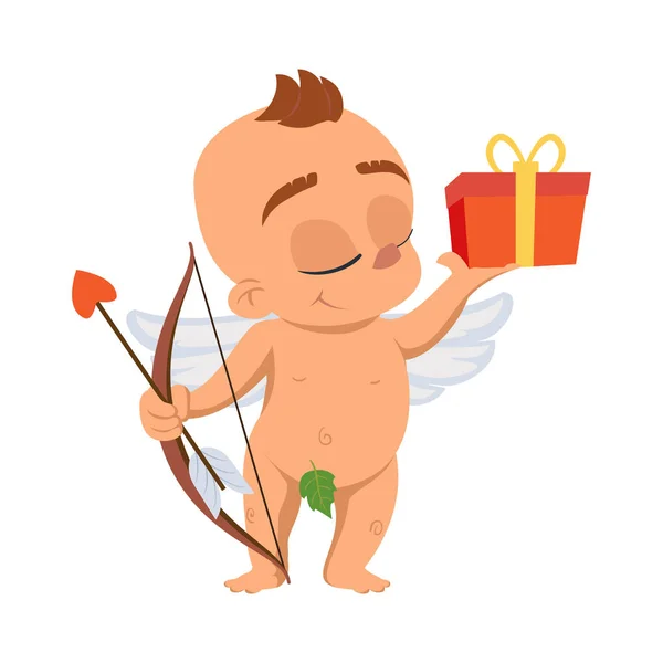 Cupid angel love character vector illustration for Valentine day or wedding dating smiling naked Amur Eros greek mythology god or cherub baby with gift box and arrow emoji isolated on white background