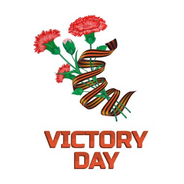 Saint George ile kırmızı karanfil buketi için 9 Mayıs zafer günü Rus ulusal bayram kutlama tebrik kartı şerit veya vektör çiçek Çizim ve beyaz arka plan üzerinde izole metin ile banner