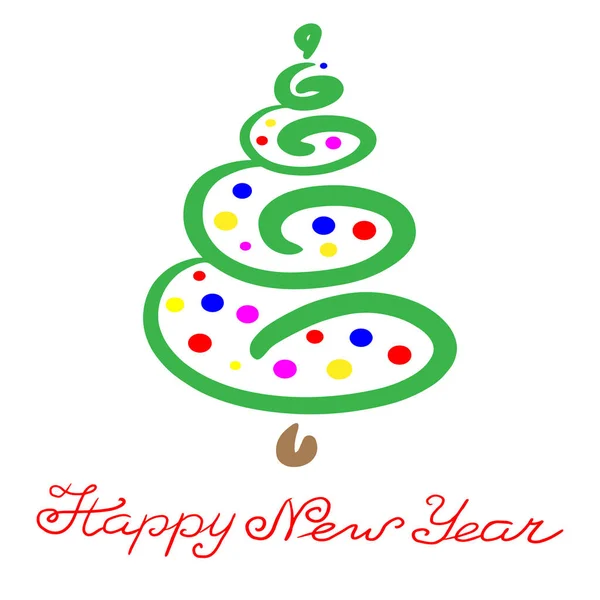 Abstract hand-drawn green christmas tree with multicolored balls. Lettering phrase: Happy new year. Red font. Isolated illustration on white background