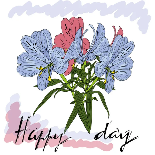 Schöner Blumenstrauß. Schriftzug Happy Day. Kunst für Eventdesign: Hochzeit, Verlobung, Geburtstag und andere — Stockvektor