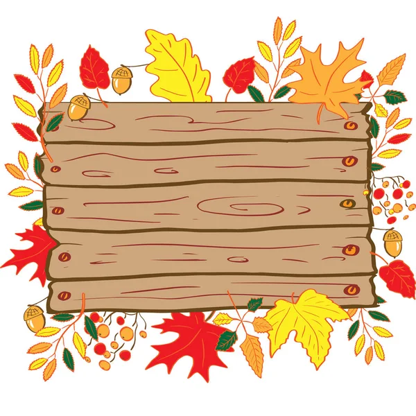 Όμορφο φθινοπωρινό φόντο, ξύλινη σανίδα, πλαίσιο του φθινοπώρου φύλλα απομονώνονται σε λευκό φόντο. Διάνυσμα — Διανυσματικό Αρχείο