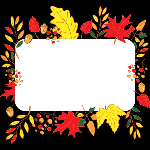 Beautiful background for autumn design. White frame in a frame of multi-colored autumn leaves. Dark background. Vector — Stock Vector