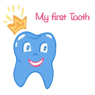 İlk diş yazı cümlem. Çizgi film tarzında bir diş. Beyaz üzerine yalıtılmış vektör çizimi