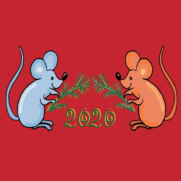 Две милые мыши держат еловые ветки в лапах. Цифра 2020. Векторная иллюстрация. Новогодний шаблон — стоковый вектор