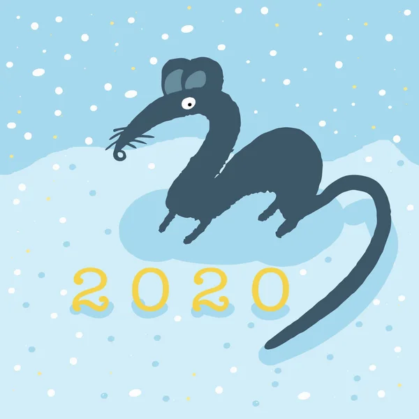 Rat mignon drôle sur un fond neigeux d'hiver. Numéro 2020. Illustration vectorielle — Image vectorielle