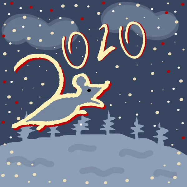 Номер 2020 и крыса на зимнем снежном фоне. Контуры мышей . — стоковый вектор