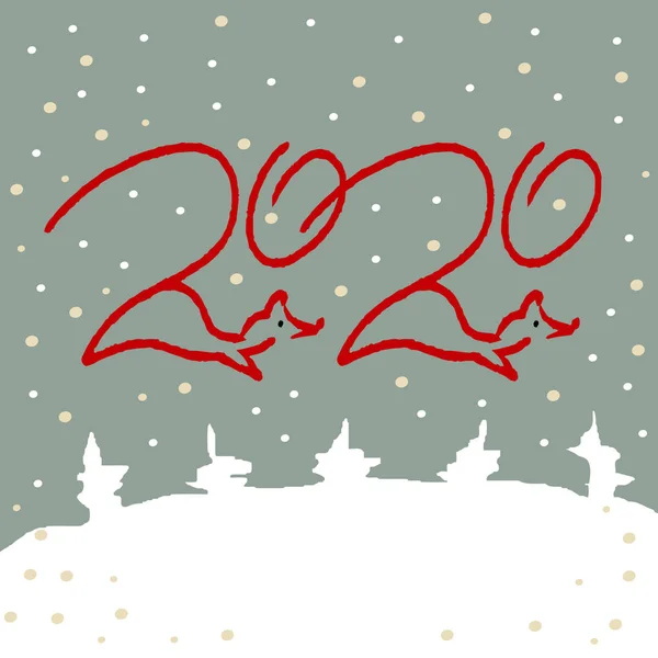 Номер 2020 на зимнем снежном фоне с абстрактными рождественскими елками. Контуры мышей — стоковый вектор