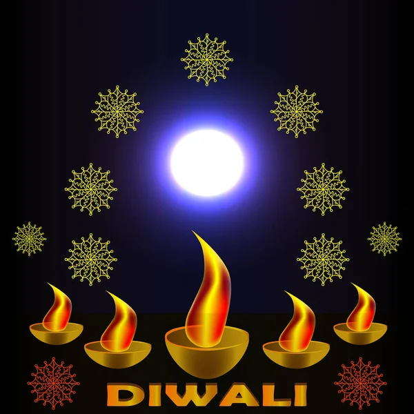 Festiwal Diwali w Indiach. Lampy olejowe i rangoli, mandale na ciemnym tle. — Wektor stockowy
