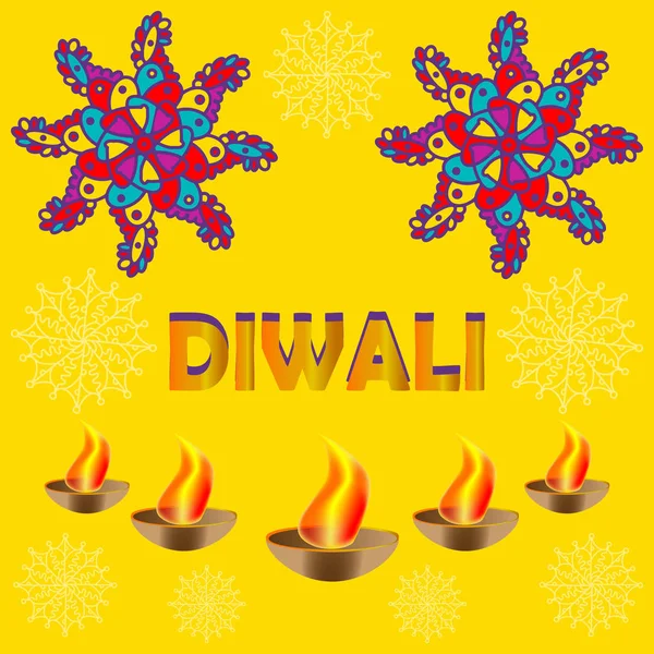 Feliz Diwali. Fondo con el gráfico de Rangoli indio, fuegos artificiales y lámpara de aceite . — Vector de stock