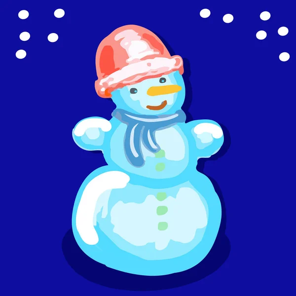 Снеговик в шляпе и шарфе на синем фоне . — стоковый вектор