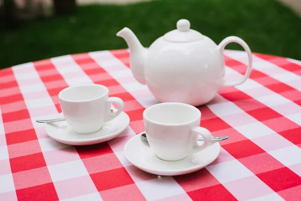 Serviço de chá branco para dois. Par de chá com um bule de chá e um jarro de leite em uma toalha de mesa quadriculada multicolorida brilhante — Fotografia de Stock