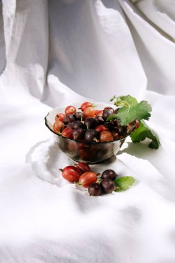 beyaz bir kumaş arka plan üzerinde şeffaf bir tabakta çilek. Gölgeler oyunu. ahududu, kuş üzümü, ahududu