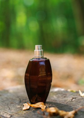 Yeşil bir ormanın arka planında bir şişe parfüm ve dökülen yapraklar. güzellik ve sonbahar ruh hali konsepti. Orman kokusu. seçici odak.
