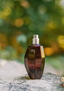 Yeşil bir ormanın arka planında bir şişe parfüm ve dökülen yapraklar. güzellik ve sonbahar ruh hali konsepti. Orman kokusu. seçici odak.