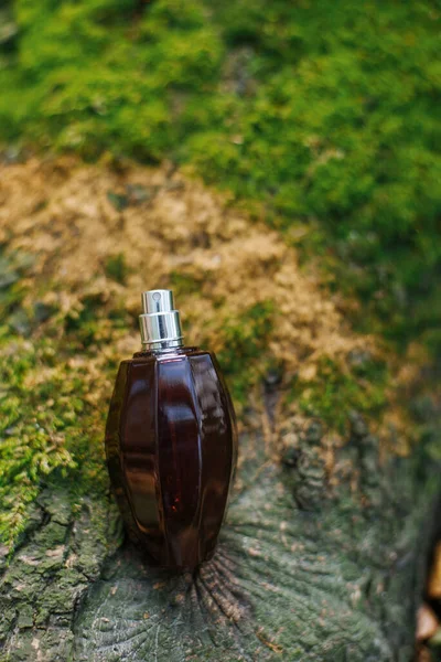 Парфумерна Пляшка Фоні Зеленого Лісового Моху Концепція Краси Лісовий Запах — стокове фото