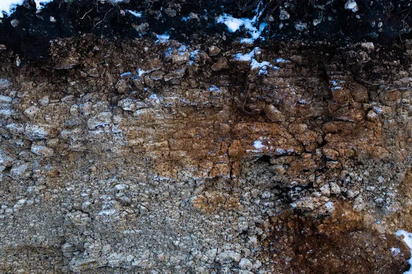 土壌カット砂岩、石、粘土、砂の構造と層。異なる構造の層を持つ砂のスライス。堆積砂岩岩の層. — ストック写真