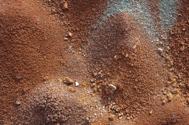 Kırmızı toprak veya toprak arka plan. Kırmızı kiltropikal laterit toprak arka plan. Kuru Turuncu yüzey, Doğal afet resmi. Küresel ısınma ve ormansızlaşmanın neden olduğu kuraklık arazileri.